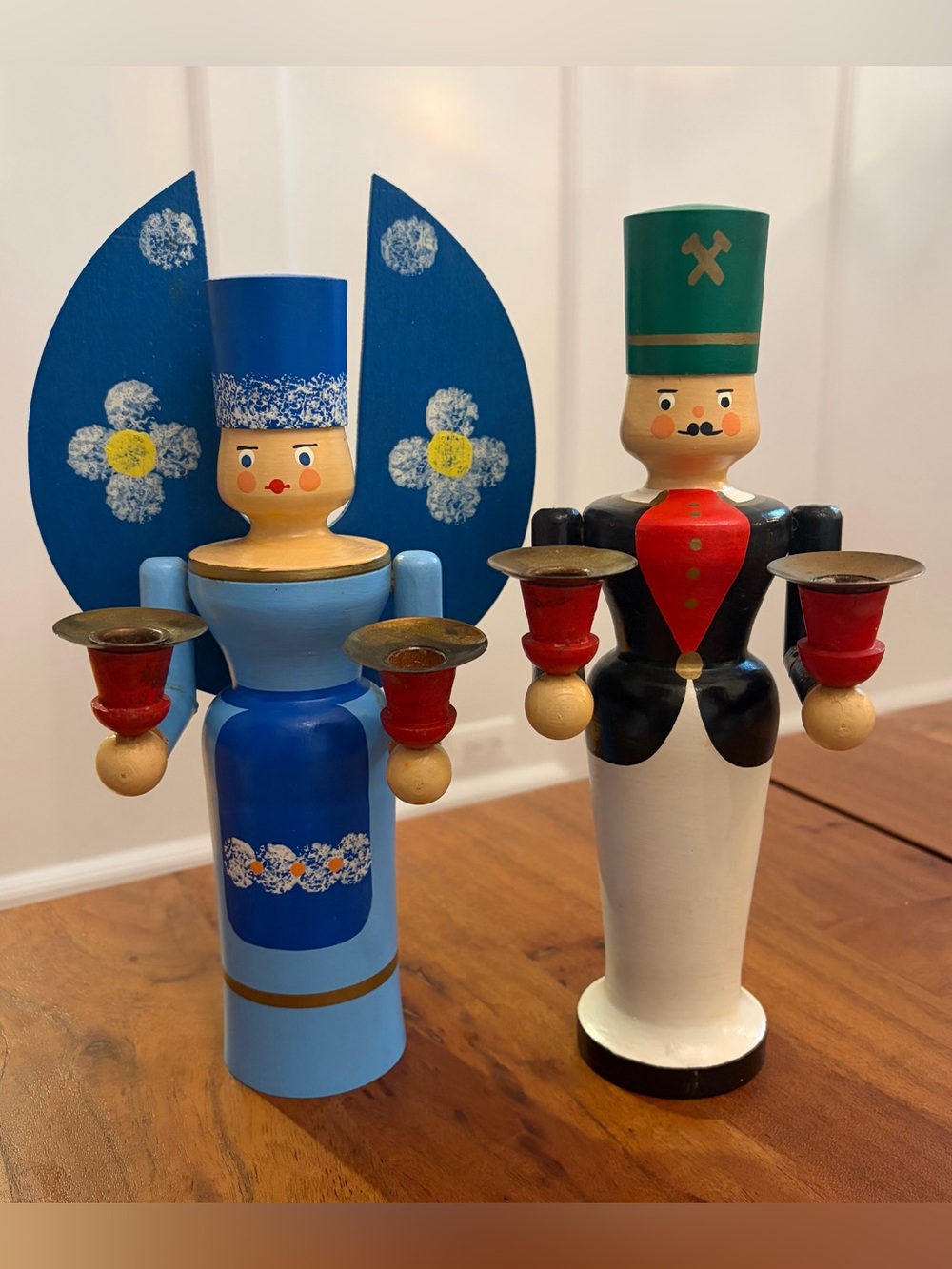 Vintage German Erzgebirge Wood Candle Holders Pair Angel & Miner Christmas 10.5"